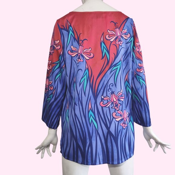 Bob Mackie Wearable Art Botanical Floral Fantasy Rust Periwinkle Tunic Top Sz M - Picture 2 of 8
